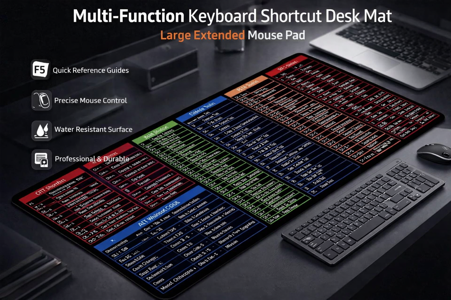 Multi-Function Keyboard Shortcut Desk Mat | Large Extended Mouse Pad
