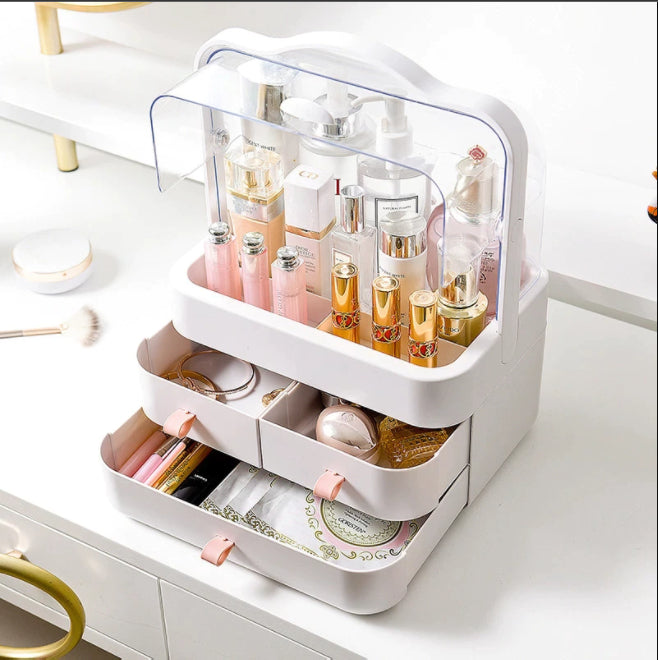 Premium Dustproof Makeup Organizer with Handle & Drawers – Portable Cosmetic Storage Box