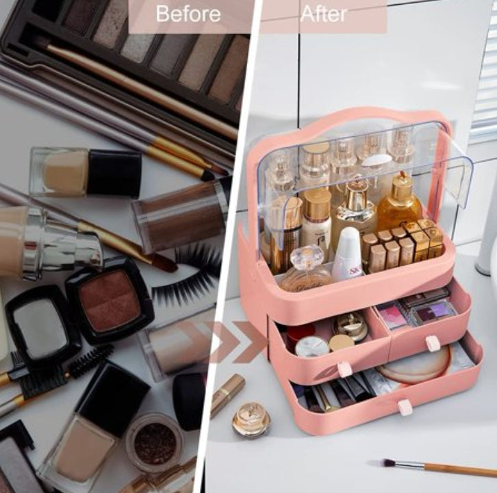 Premium Dustproof Makeup Organizer with Handle & Drawers – Portable Cosmetic Storage Box