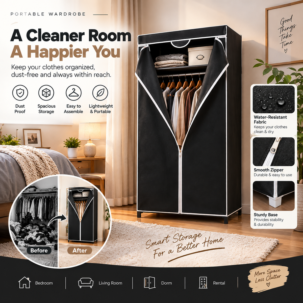 Dustproof Wardrobe Organizer with Hanging Rod & Zipper Cover