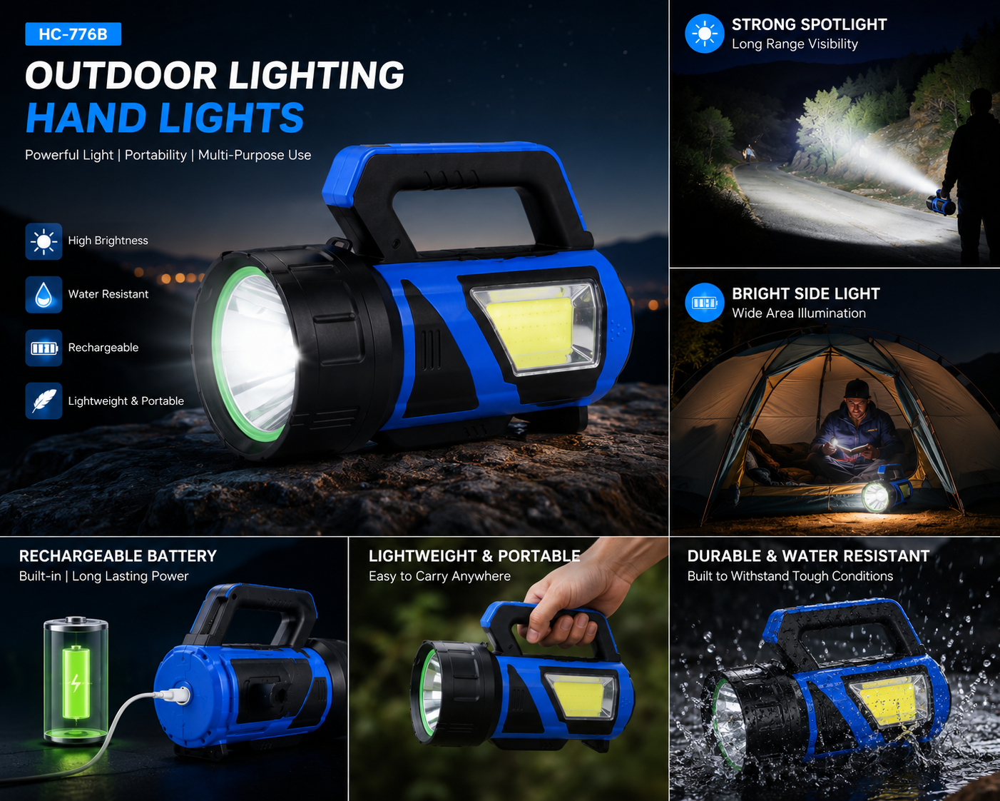Portable Solar Rechargeable LED Hand Light with Power Bank Function