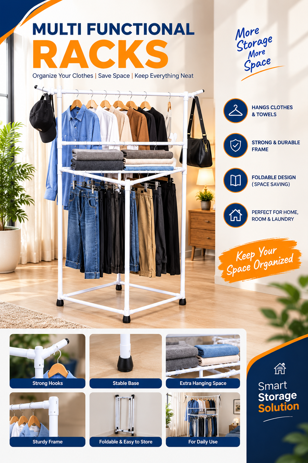 Multi Functional Clothes & Storage Rack – Foldable Space Saving Rack