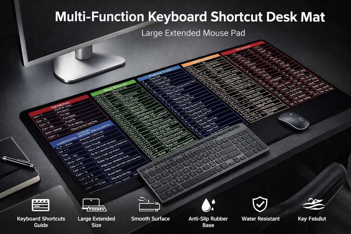 Multi-Function Keyboard Shortcut Desk Mat | Large Extended Mouse Pad
