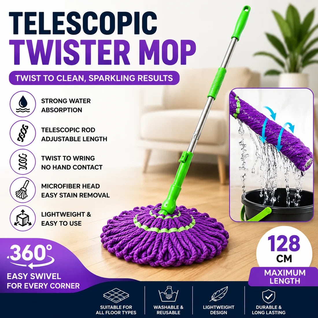 Telescopic Twister Mop | 360° Rotating Floor Cleaning Mop