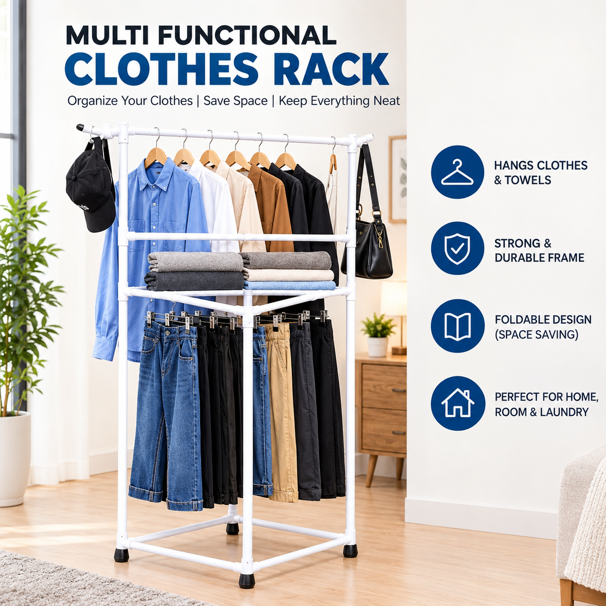 Multi Functional Clothes & Storage Rack – Foldable Space Saving Rack