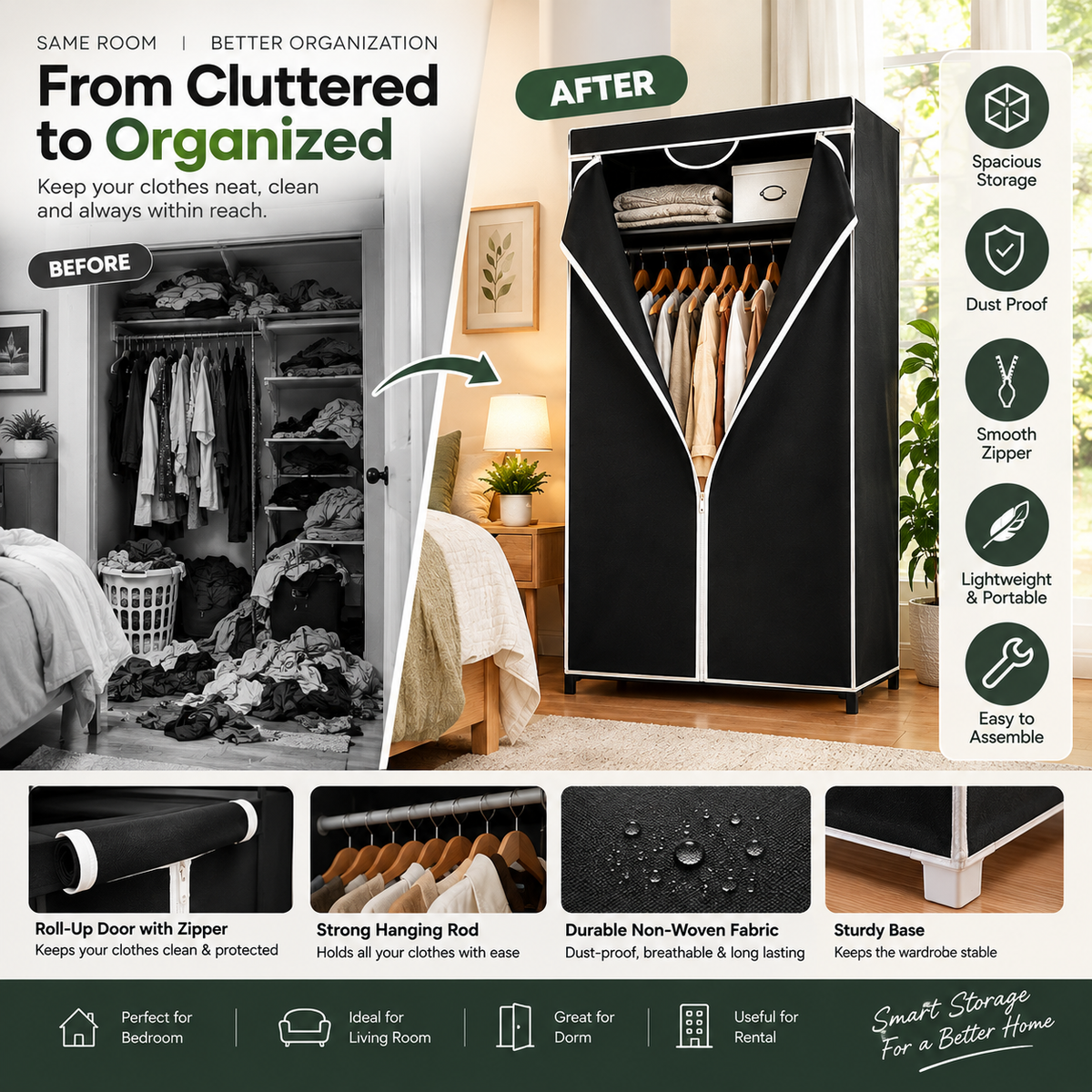 Dustproof Wardrobe Organizer with Hanging Rod & Zipper Cover