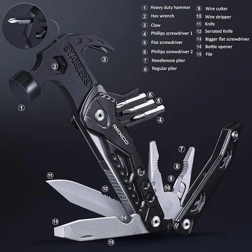 15 in 1 Multifunction Claw Hammer and Plier, Screw drivers, knives, Perfect of Everyday use