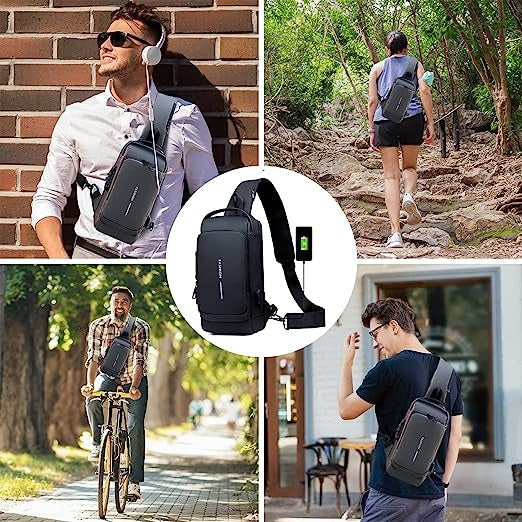 Waterproof Chest Bag - Fashion Men Sling Bag Pack with Lock Waterproof Anti-Theft Chest Bag with USB Charging Port Shoulder Bag Body Backpack with TSA Lock