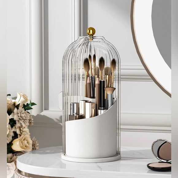 360° Rotating Cage-Shape Makeup Brush Holder – Luxury Dust-Proof Brush Organizer, Lipstick & Eyebrow Pencil Storage