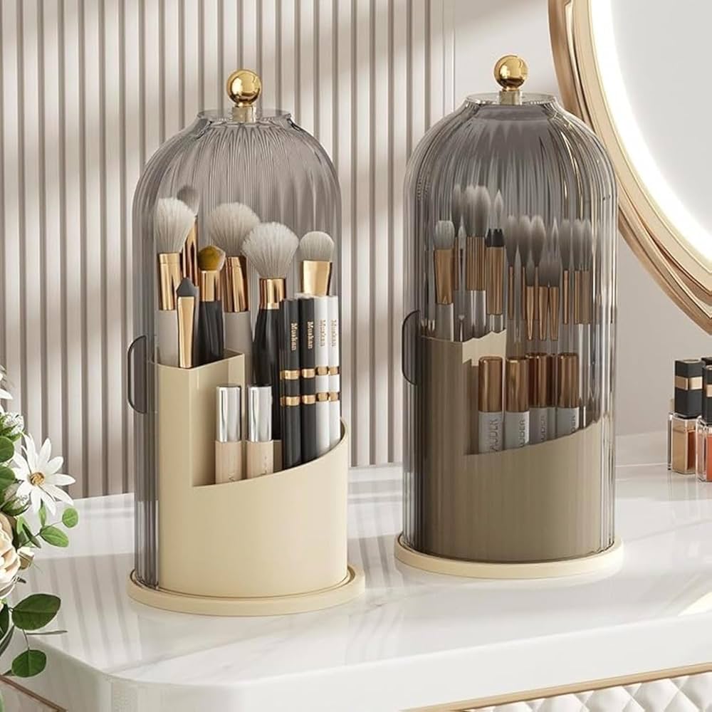 360° Rotating Cage-Shape Makeup Brush Holder – Luxury Dust-Proof Brush Organizer, Lipstick & Eyebrow Pencil Storage