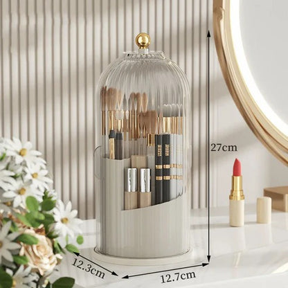 360° Rotating Cage-Shape Makeup Brush Holder – Luxury Dust-Proof Brush Organizer, Lipstick & Eyebrow Pencil Storage