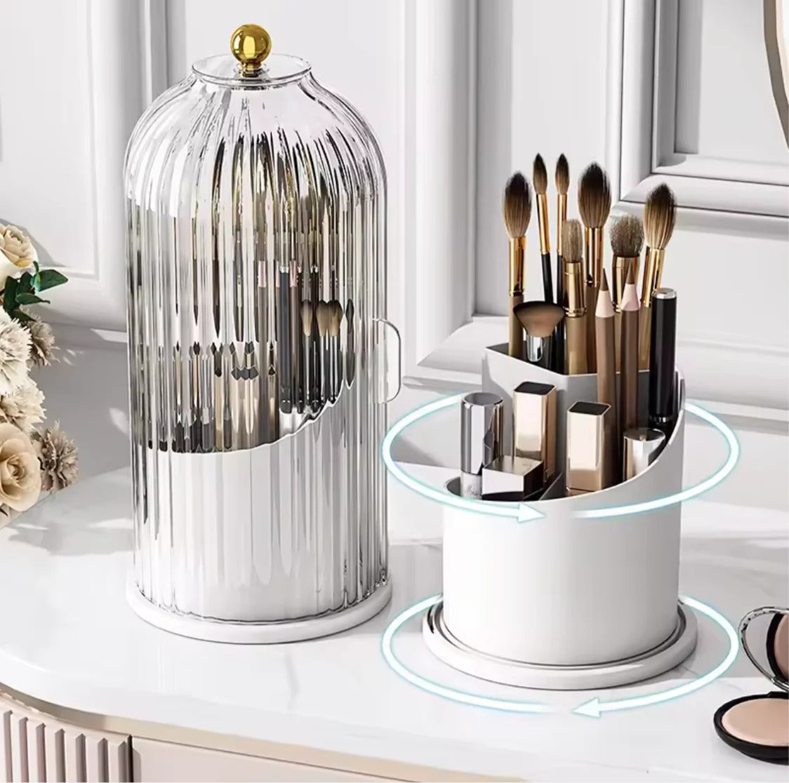 360° Rotating Cage-Shape Makeup Brush Holder – Luxury Dust-Proof Brush Organizer, Lipstick & Eyebrow Pencil Storage