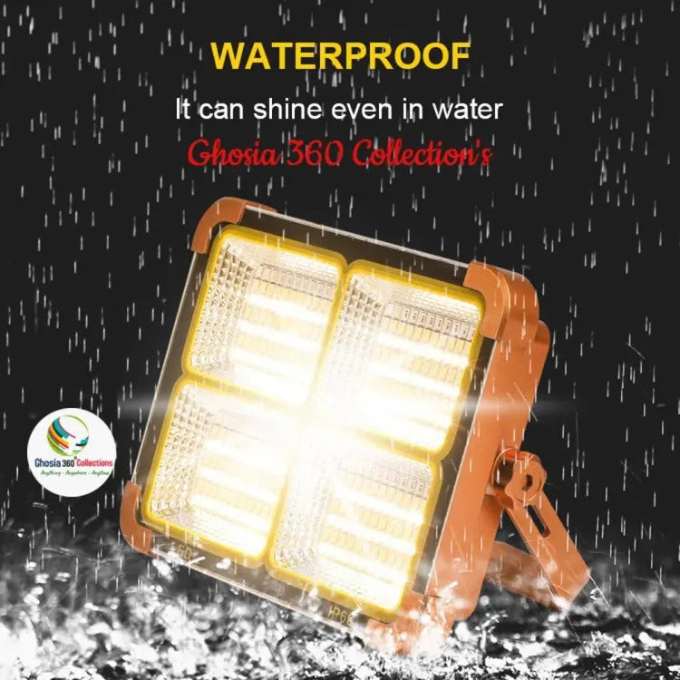 Solar Rechargeable LED Flood Light 400W – USB & Solar Charging, Power Bank, Waterproof Outdoor Light