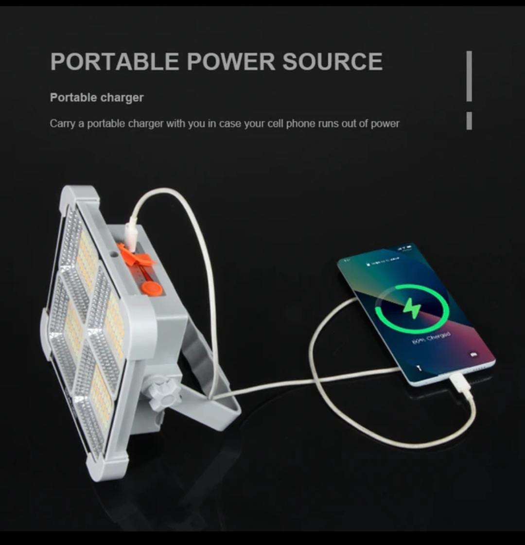 Solar Rechargeable LED Flood Light – 300W Outdoor Emergency & Camping Light (IP66 Waterproof)