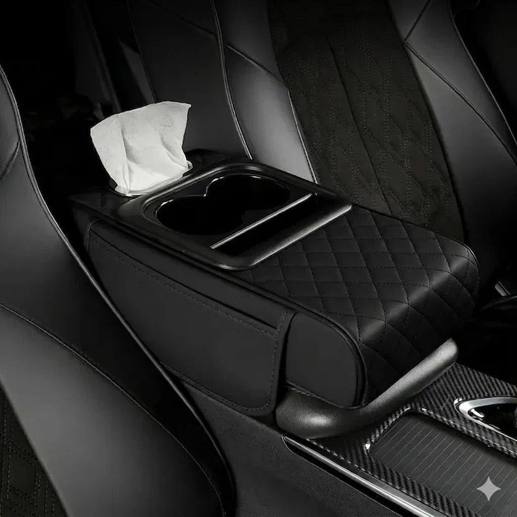 Multi-Function Car Armrest Cushion with Cup Holder & Tissue Box | Premium PU Leather Center Console Armrest Organizer for All Cars