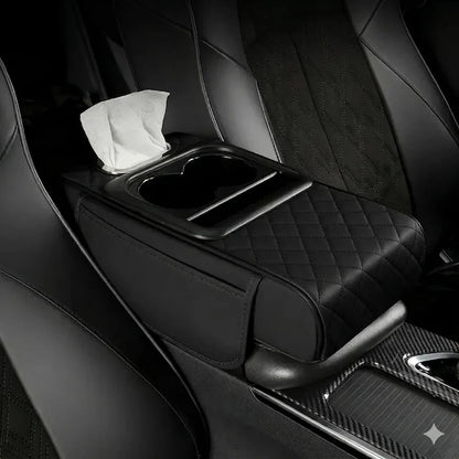 Multi-Function Car Armrest Cushion with Cup Holder & Tissue Box | Premium PU Leather Center Console Armrest Organizer for All Cars
