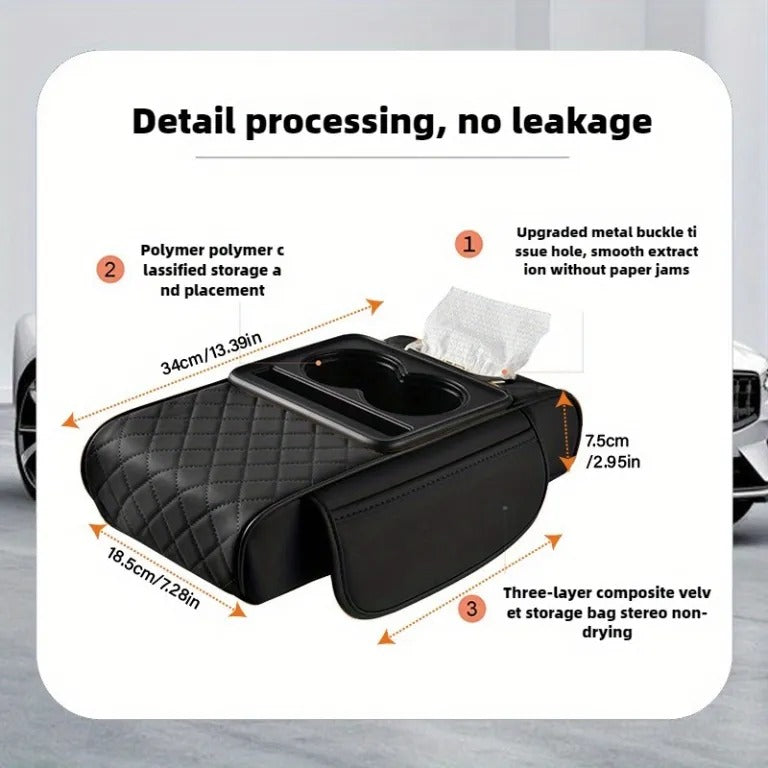 Multi-Function Car Armrest Cushion with Cup Holder & Tissue Box | Premium PU Leather Center Console Armrest Organizer for All Cars