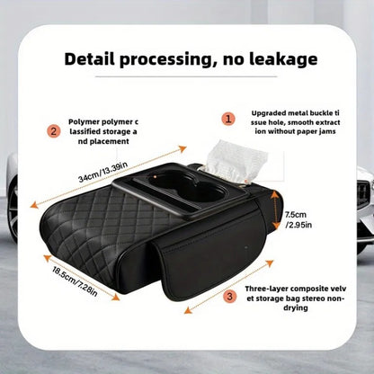 Multi-Function Car Armrest Cushion with Cup Holder & Tissue Box | Premium PU Leather Center Console Armrest Organizer for All Cars