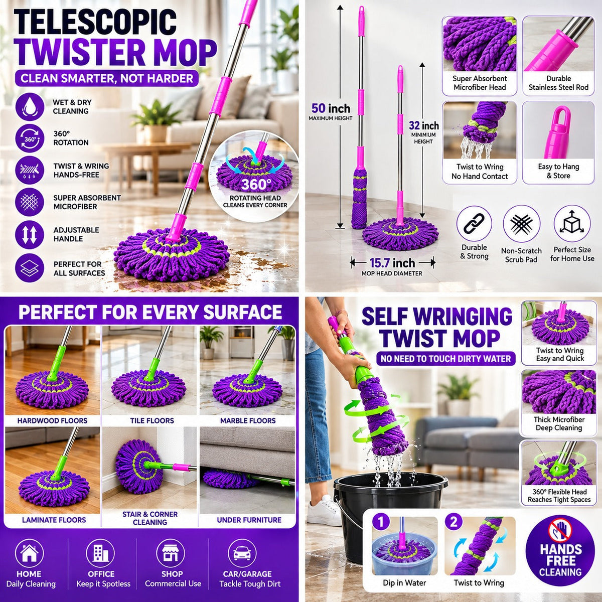 Telescopic Twister Mop | 360° Rotating Floor Cleaning Mop