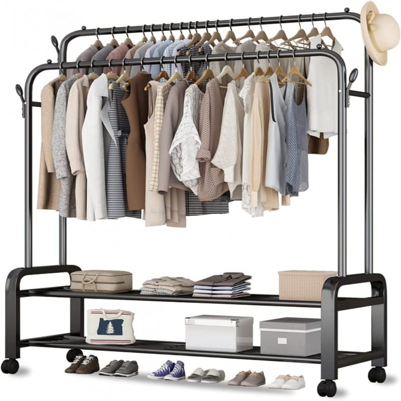Clothes Rack with Shoe Shelf & 4 Wheels | Coat & Garment Display Stand