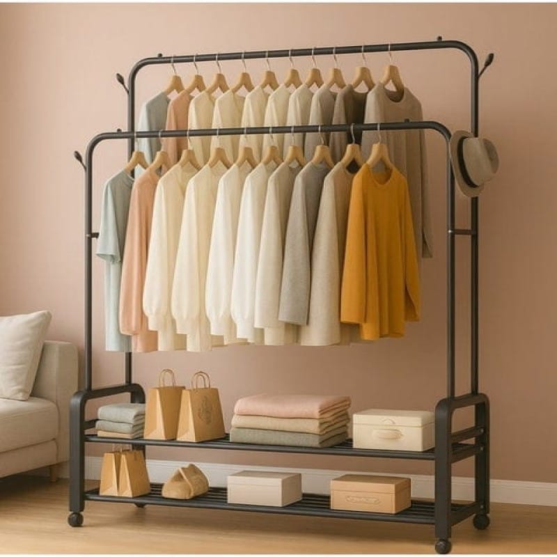 Clothes Rack with Shoe Shelf & 4 Wheels | Coat & Garment Display Stand