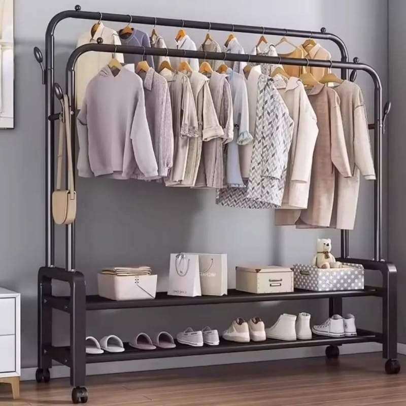 Clothes Rack with Shoe Shelf & 4 Wheels | Coat & Garment Display Stand