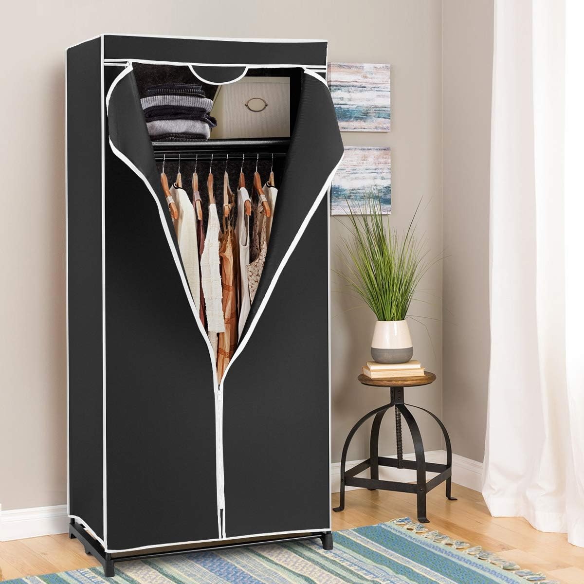 Dustproof Wardrobe Organizer with Hanging Rod & Zipper Cover